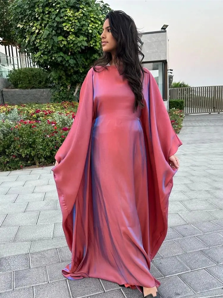Ramadan Summer Batwing Sleeve Satin Butterfly Abaya Islam Muslim Maxi Dress Ka Women Kaftan Robe Musulmane Femme Vestidos 250324