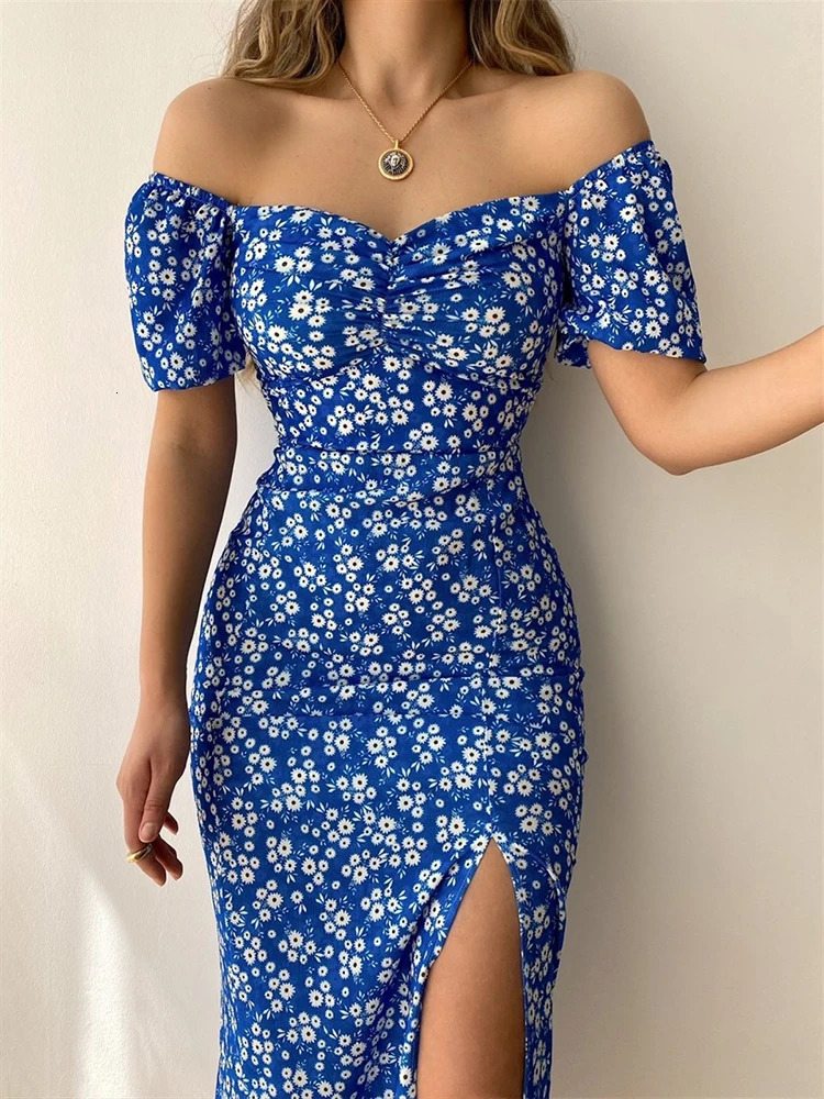 Sexy Floral Print Short Sleeve Hip Wrap Party Dress Elegant Off Shoulder Backless Dress Summer Waist Slit Boho Long Dresses 250324