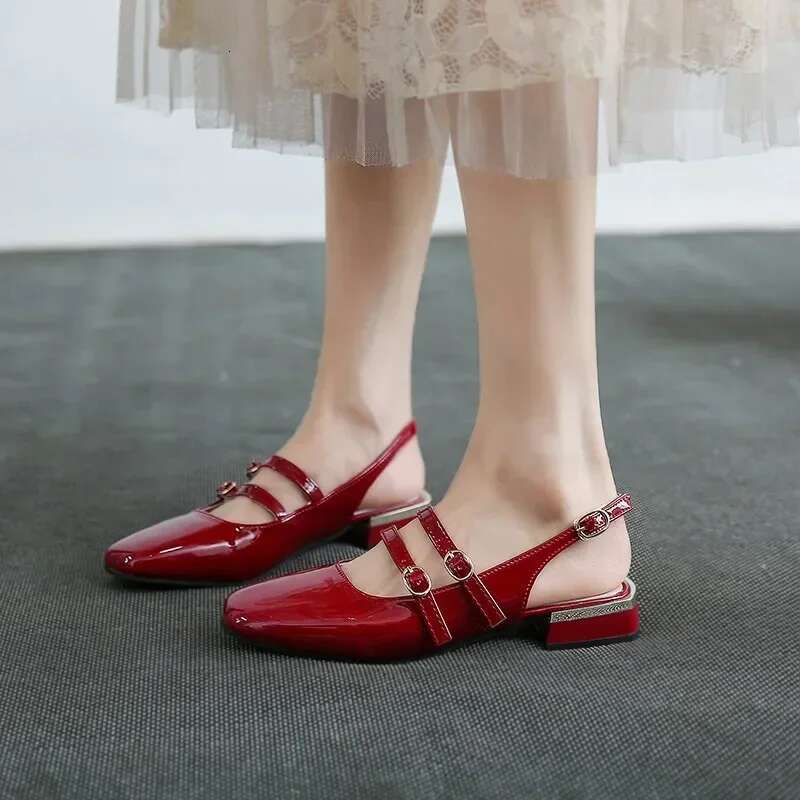 2025 Spring Autumn Women Double Buckle Mary Janes Patent Leather Dress Head Square Heel Solid Color Women's Shoes