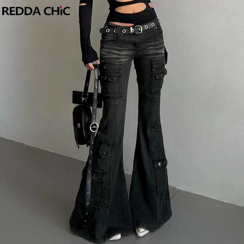 Reddachic Acubi Fashion Black Flare Jeans Retro Whiskers Skinny Stretch Low Rise Pockets Cargo Pants Women Grunge Alt Streetwear