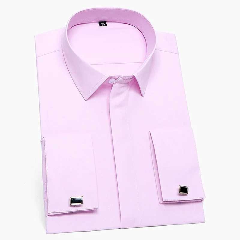 French cufflinks mens tailcoat business social shirt long sleeves covered buttons solid color mens dress white light blue pink X250324