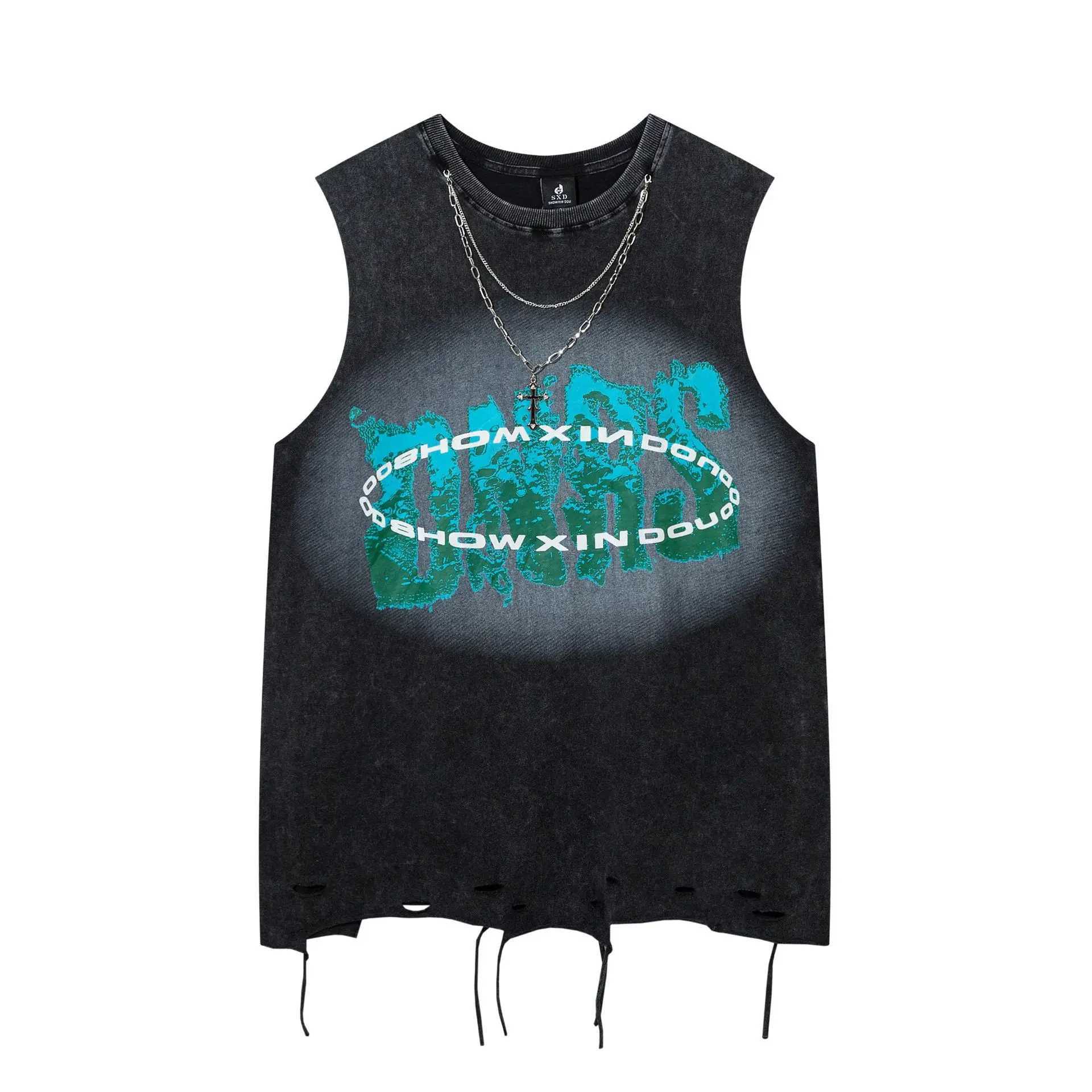 2024 Summer Cross Necklace Sleeveless T-shirt Y2k European and American Street Fashion Vest Mens Washing Distressed Cut Printed Top X250324