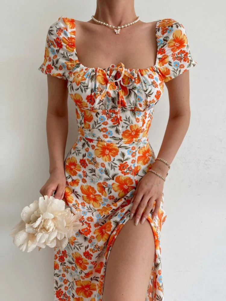 Sexy Floral Print Short Sleeve Hip Wrap Party Dress Elegant Off Shoulder Backless Dress Summer Waist Slit Boho Long Dresses 250324