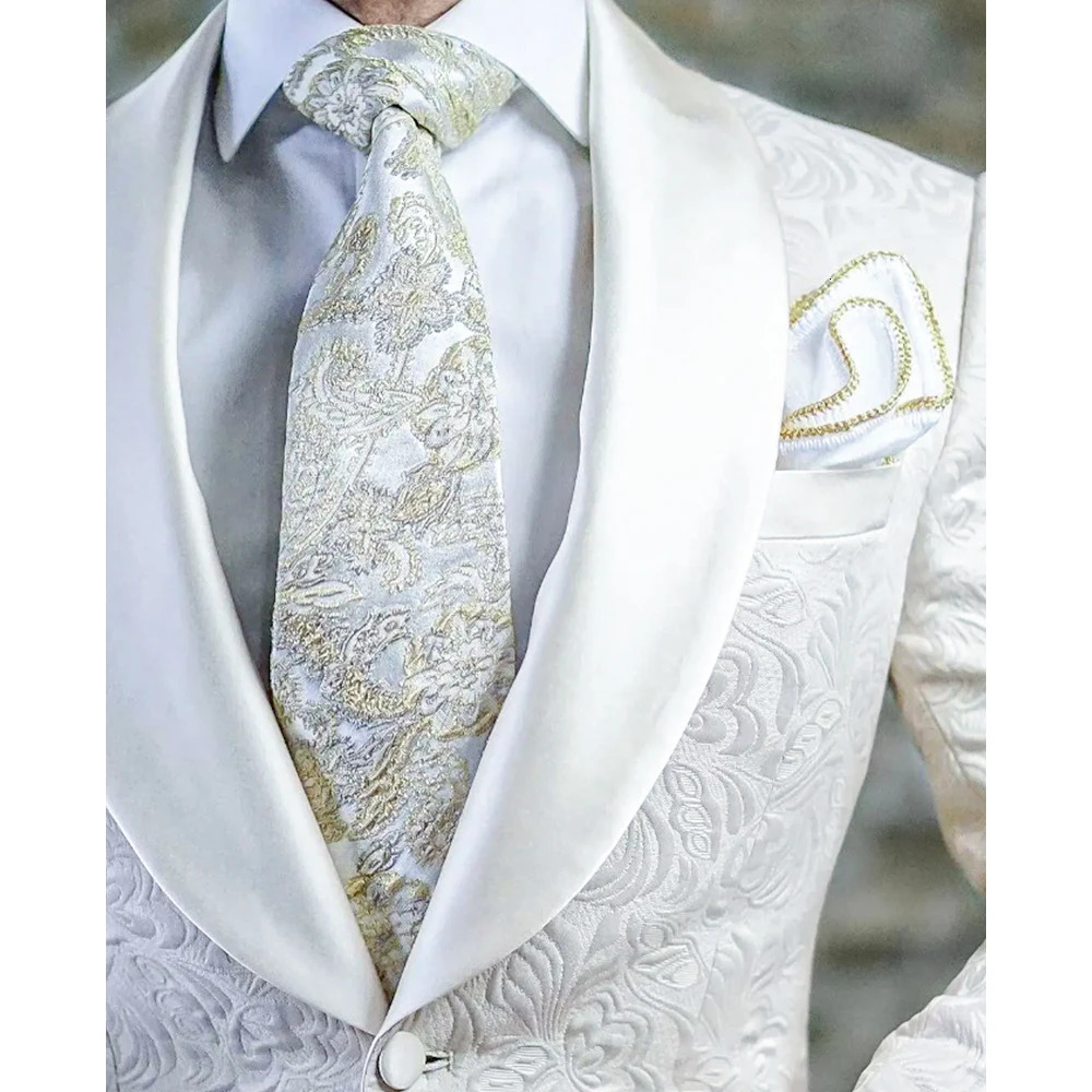 White Jacquard Mens Suit for Wedding Shawl Lapel Single Breasted Formal 2 Piece Jacket Pants Male Clothing Slim Fit Blazer Set 250321