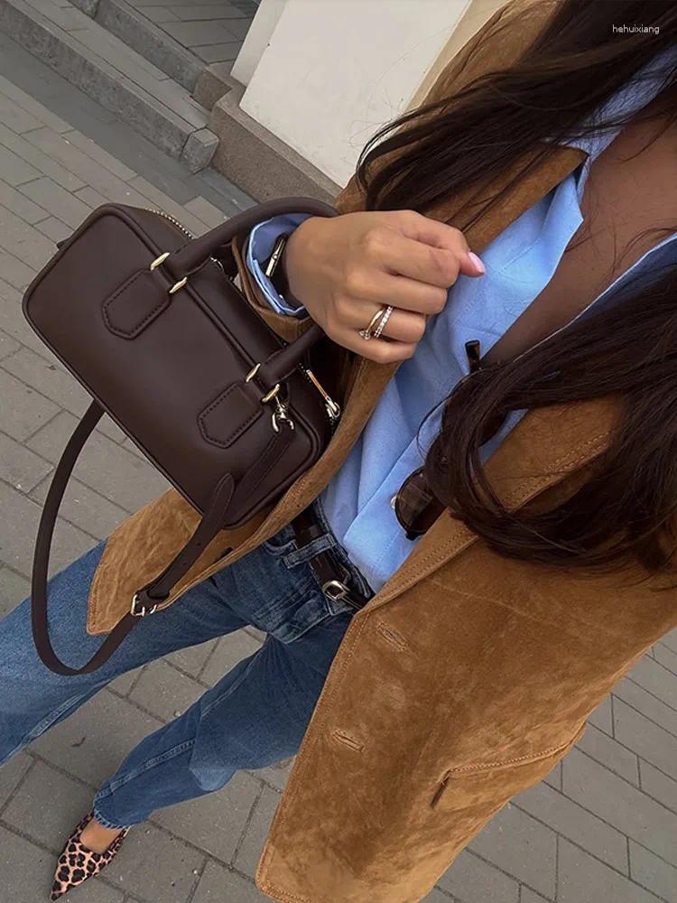 Women's Jackets Vintage Suede Leather Jacket Brown Blazer Women Spring Fashion Single Breasted Lapel Loose Coats Office Lady Outerwears
