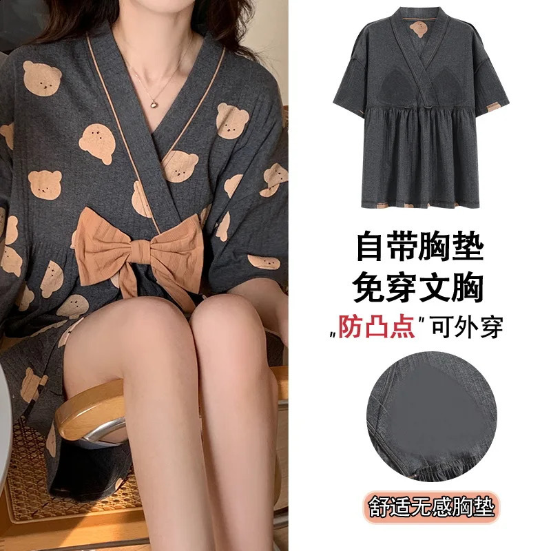 Korean pajama set womens summer casual wear pajama sweet collar Kawaii bear print pajama Japanese family set 250321