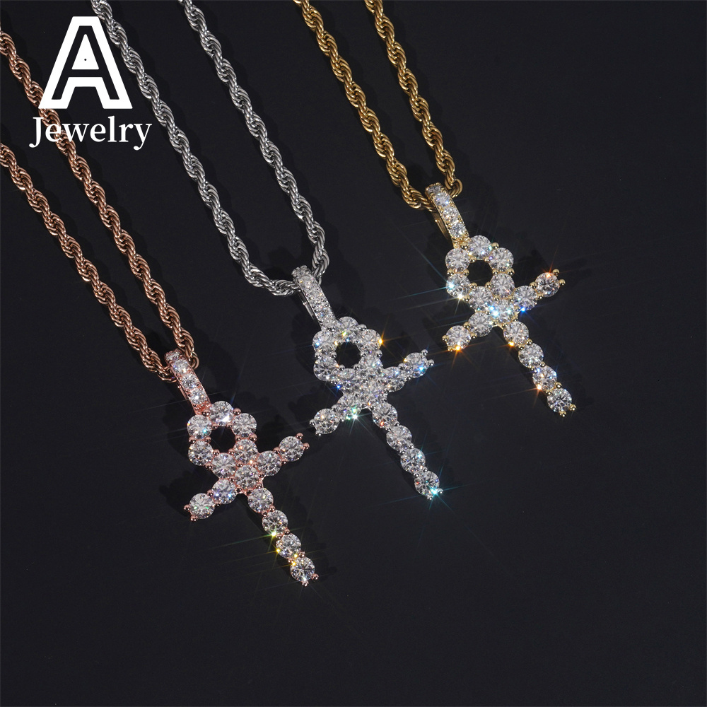 Iced out hip hop jewelry 925 silver vvs moissanite cross pendant men women 4mm circled cross charm pendants with rope chain