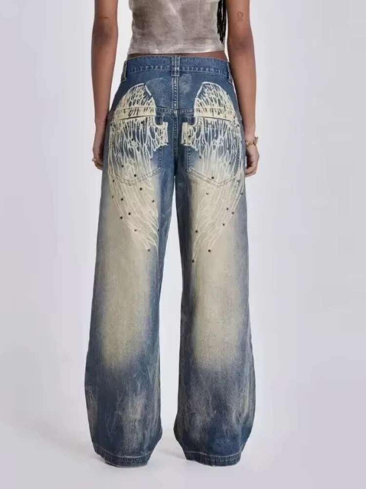 HOUZHOU Y2k Vintage Women Jeans Back Wing Printed Rivet Washed Wide Leg Denim Pants Baggy Distressed Casual Trousers Streetwear