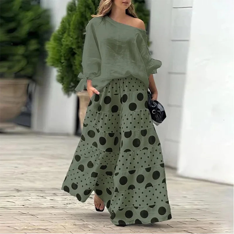 Spring Summer Elegant Fashion Print Womens Set Two-piece Casual One-Neck Off-Shoulder Long-Sleeve Solid Top Loose Culottes Suit 250324