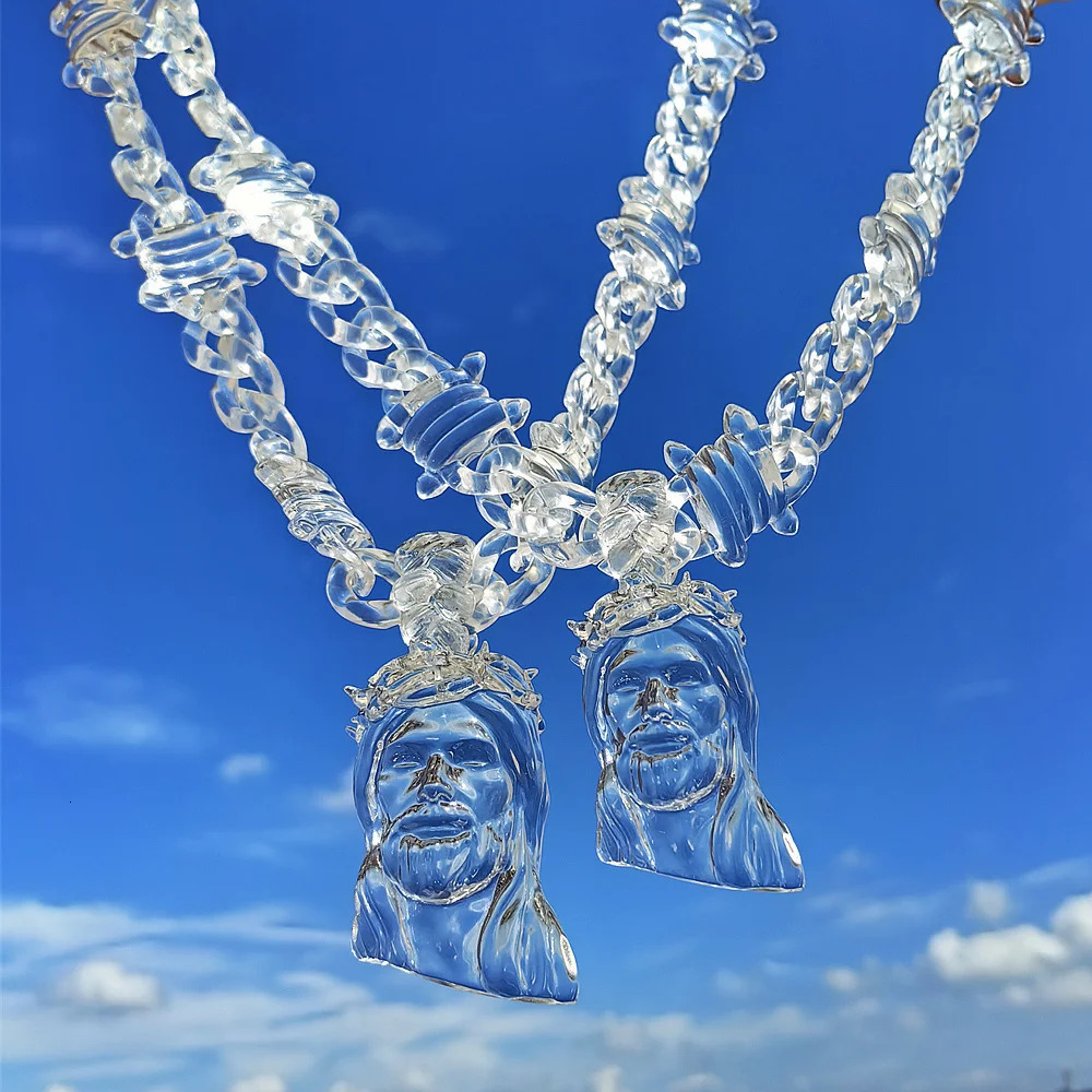 Trendy Transparent Clear Acrylic Big Juese Pendant Necklace for Men Hiphop Brambles Wire Jesus Christ Necklaces Male Jewelry250318