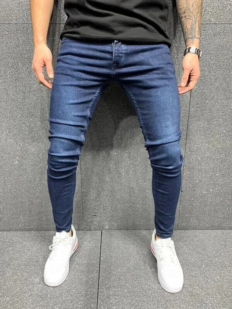 Mens 2024 Stretch No Ripped Pants Streetwear Black Denim Trousers Grey Pure Color Jeans Elastic Waist Skinny 250312