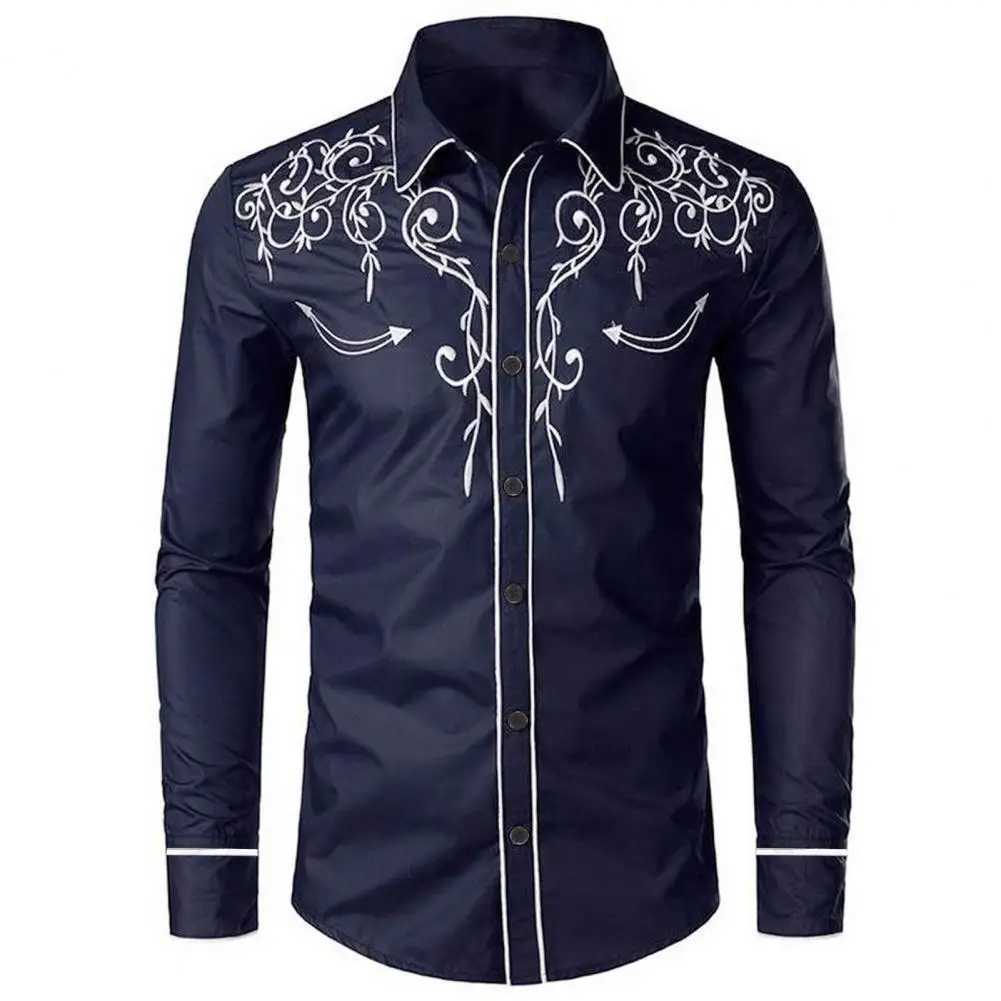 Mens Fashion Embroidered Shirt Western Cowboy Style Long Sleeve Collar Single Chest Shirt Embroidered Casual Shirt Top X250324