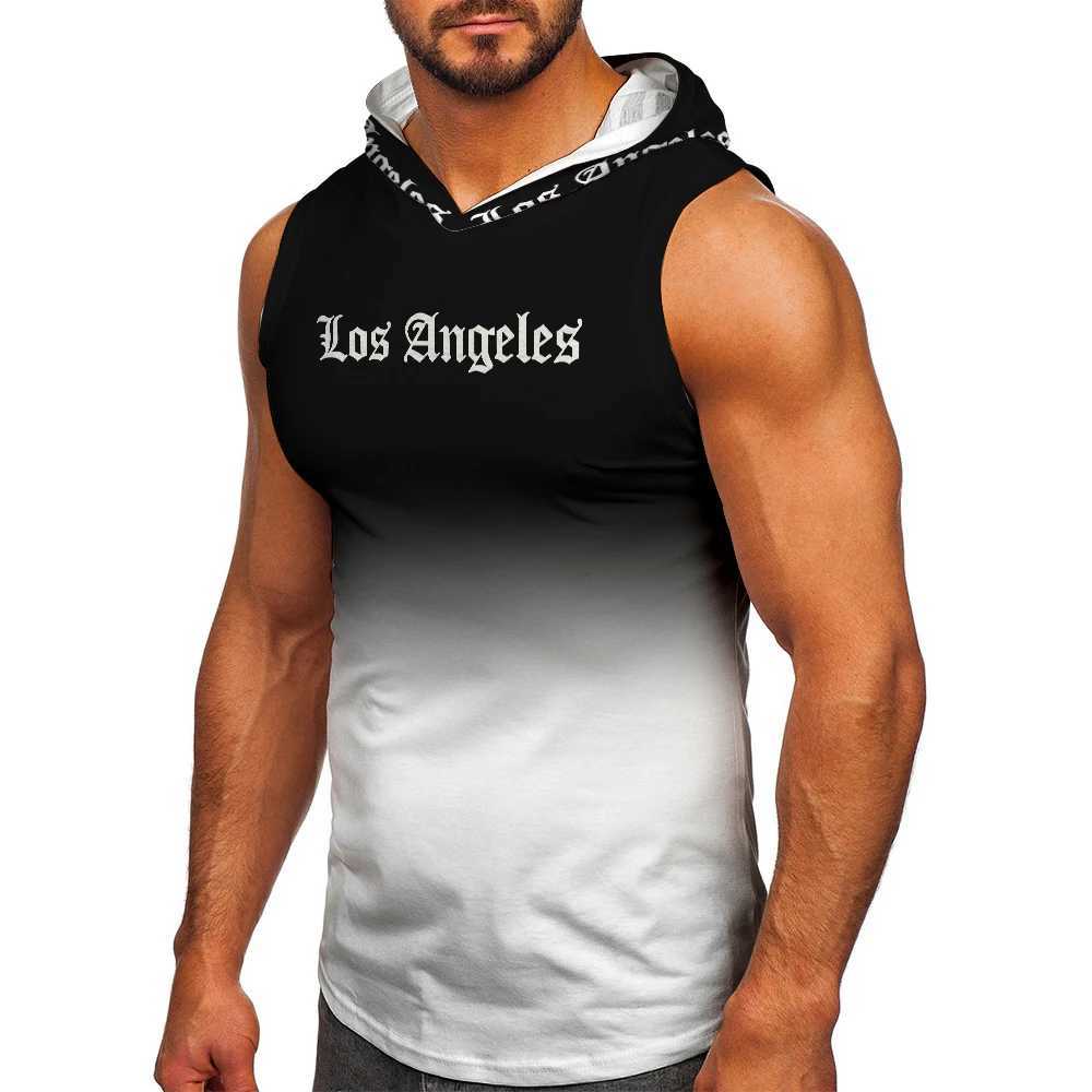 2025 new mens printed T-shirt hooded sleeveless fitness 3D printed Los Angeles sports vest casual ultra-thin breathable mesh T-shirt X250324