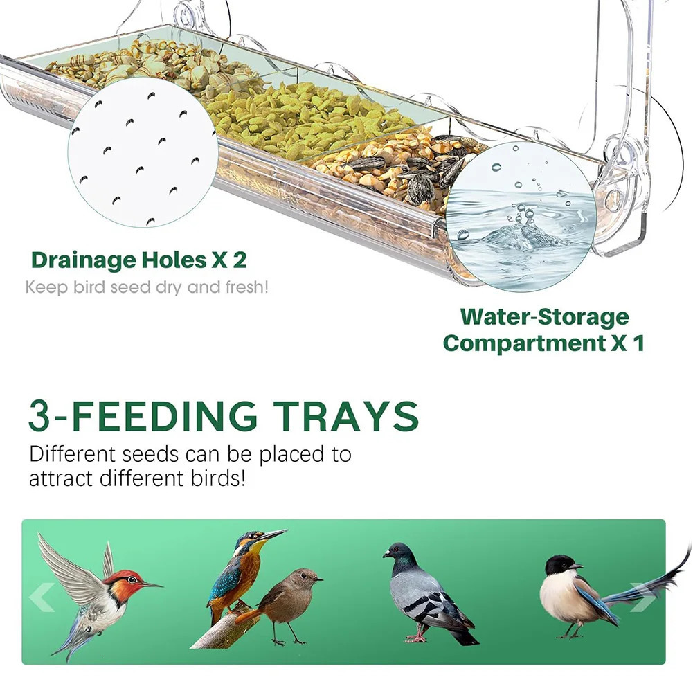 Window Bird Feeder Weatherproof Suction Cup Transparent House with Tray Roof Cover for Outdoor 250320