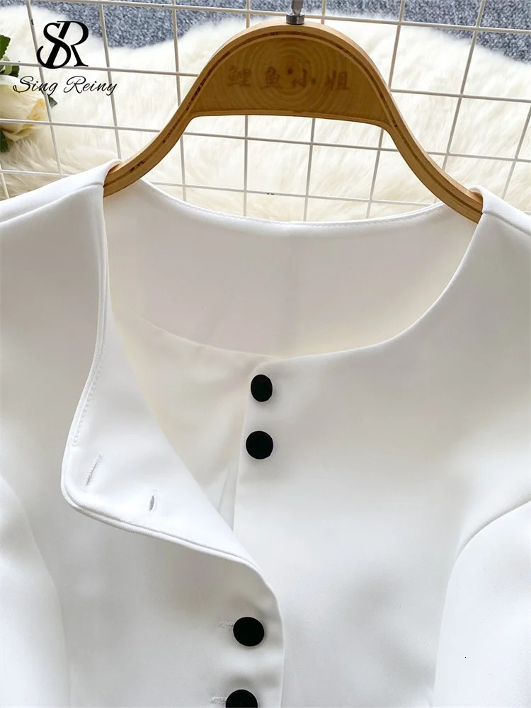 SINGREENY Elegant Solid OL Set Single Chest ShirtDrawstring Mini Wrinkle Skiing 2025 Summer Womens Two Piece 250322