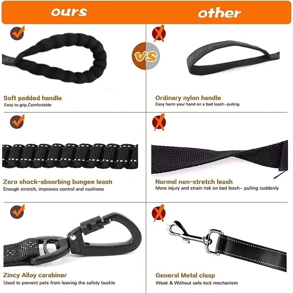 New Heavy Duty Tactical Bungee Dog Leash Reflective Pet Leashes with Car Seat Belt Dog Accessories for Small Lagre Dogs