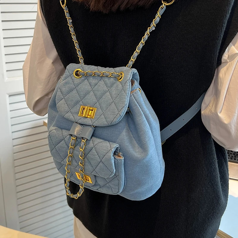 Fashion Retro Cowboy Canvas Chain Backpack Womens Mini Diamond Solid Color Fashion Edition Mini Backpack 250318