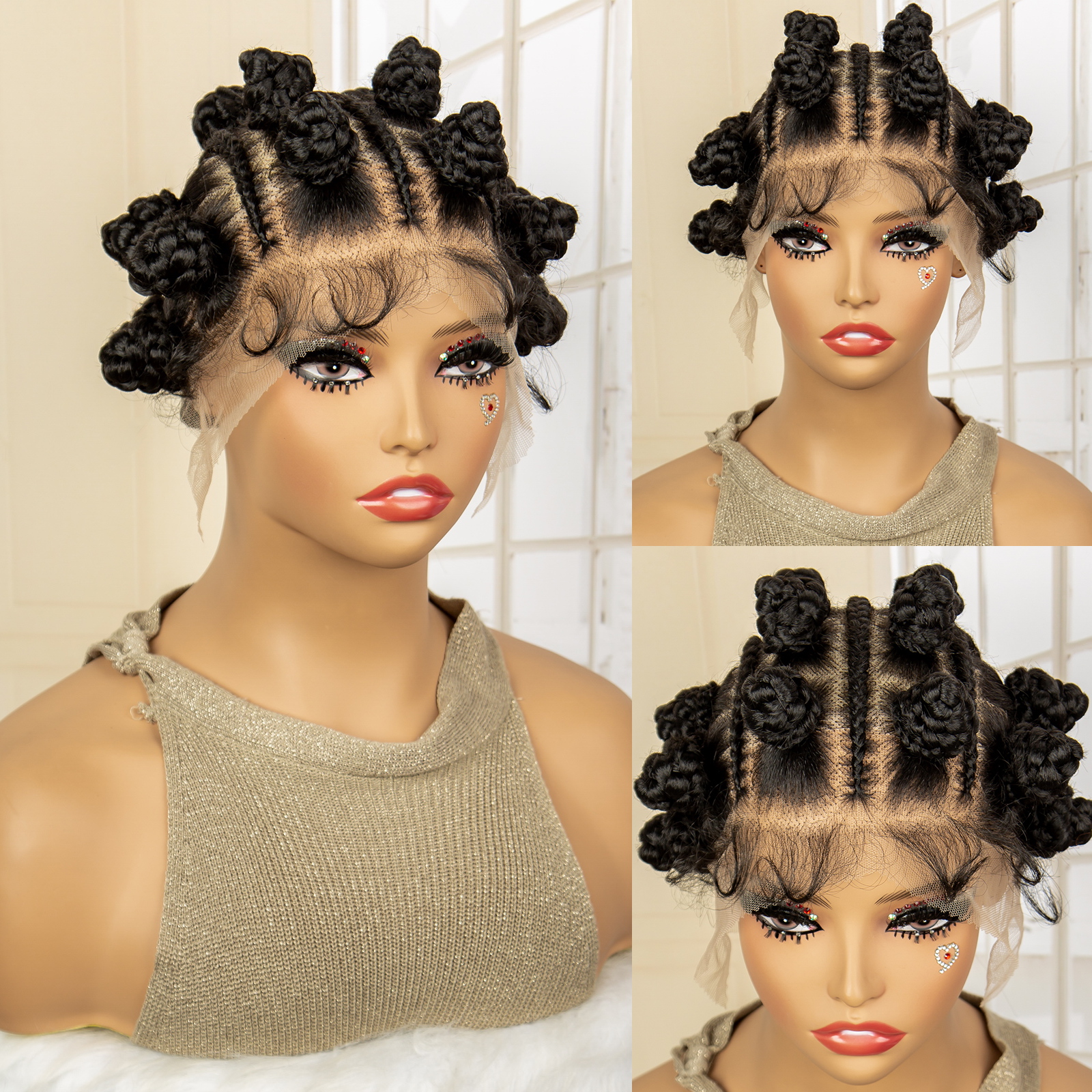Full Lace Bantu Knots Synthetic Braid Wig Knotless Heat Resistant Crochet Braiding Wigs For Black Women Distressed Box Braided Wig