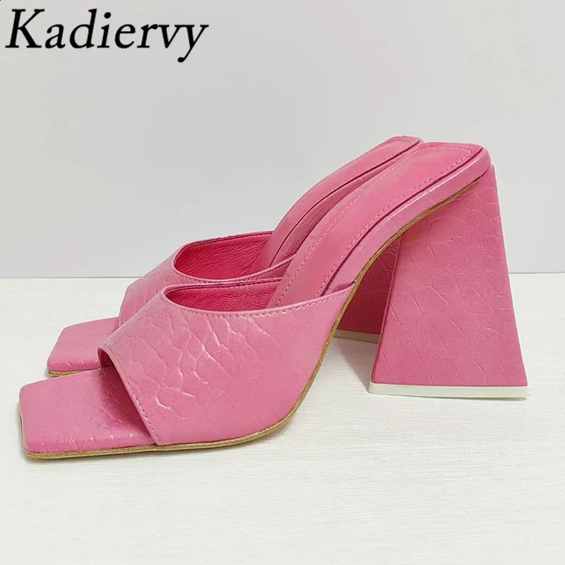 Square Heels Slipper Woman Satin Square Peep Toe Sandals Woman Summer Mules High Heels Runway Shoes Modern Slippers Women 250322