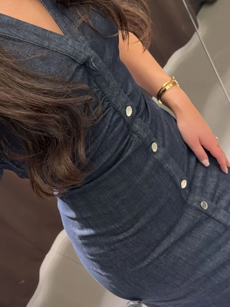 Fashion 2025 Spring Women Solid Denim Slim Long Dress Chic V Neck Single Breasted Short Sleeve Dresses Lady High Street Outfits 250324