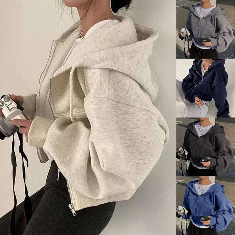 2024 Spring Autumn New Insfleece-Ed Versatile Cropped Slims Smooths Silhouette Zip-Up Warm Navy Blue Hooded Sweatshirt Women