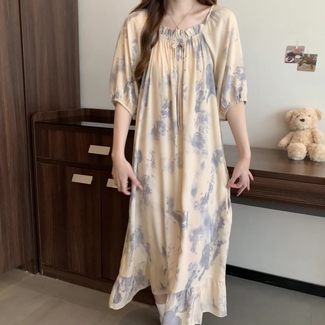 K195 Spring and summer thin short-sleeved long skirt air-conditioning clothing long skirt loose large size dress