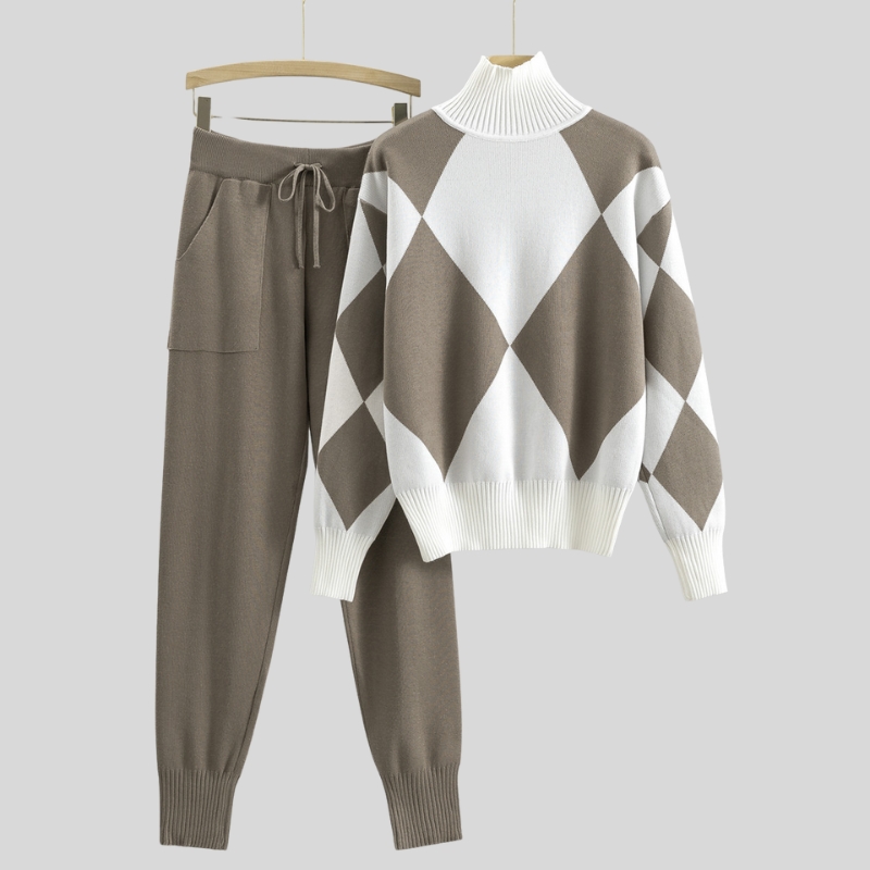 Fashion suit women's spring and autumn new casual knitted plaid sweater two-piece set European goods trend