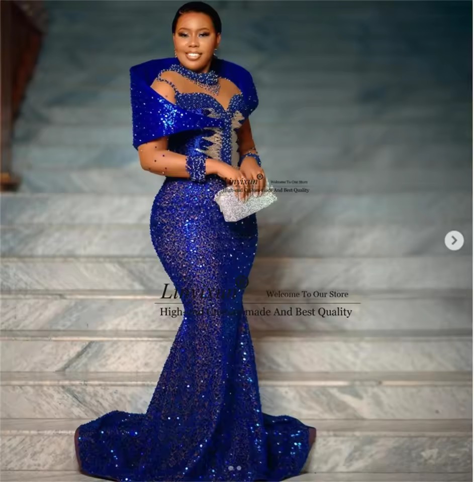 Elegant Blue Sequins Mermaid Prom Dresses 2025 Customized Evening Party Gowns Plus Size robes de soiree