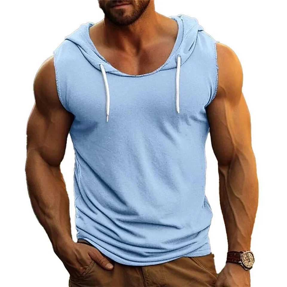 Flat weave mens fitness vest hooded sweatshirt fitness sleeveless hooded sweatshirt tailored sportswear single body bodybuilding striped muscle vest X