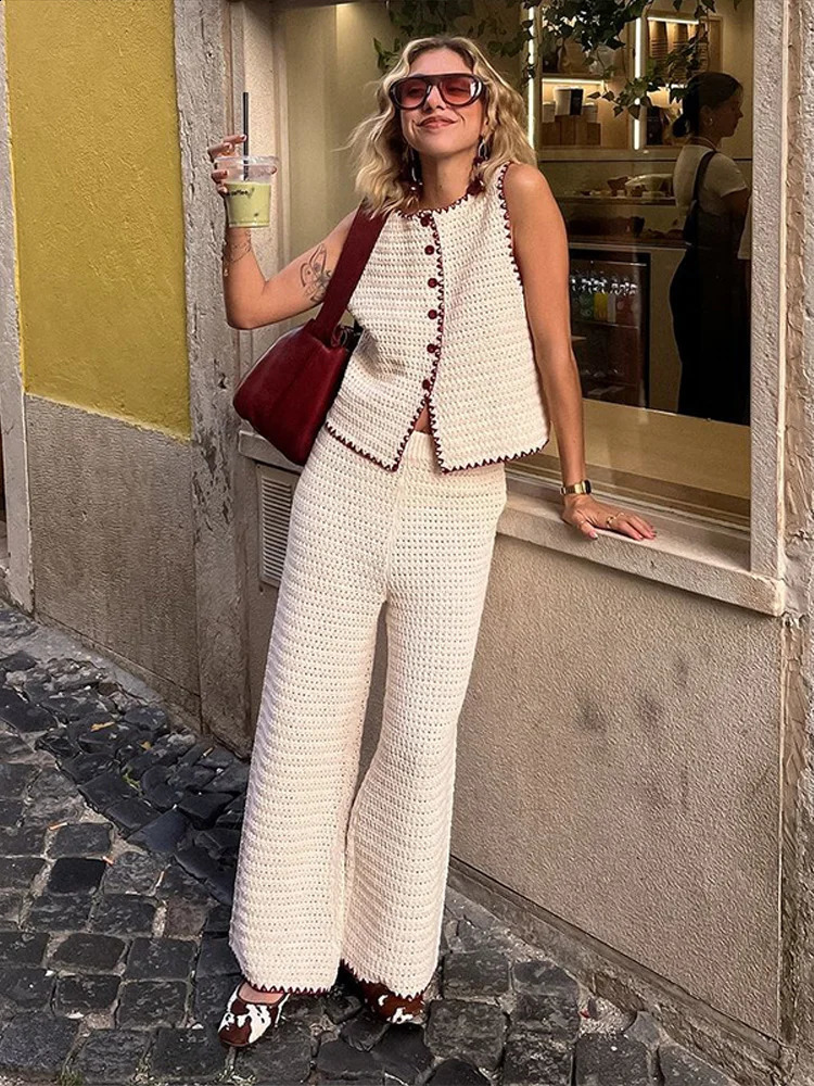 Color Contrast Knitted Vest Top Pants 2Piece Set Round Neck Sleeveless Waistcoat Cardigan Sweater Knitwear High-Waisted Trousers 250324