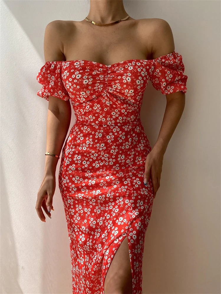 Sexy Floral Print Short Sleeve Hip Wrap Party Dress Elegant Off Shoulder Backless Dress Summer Waist Slit Boho Long Dresses 250324