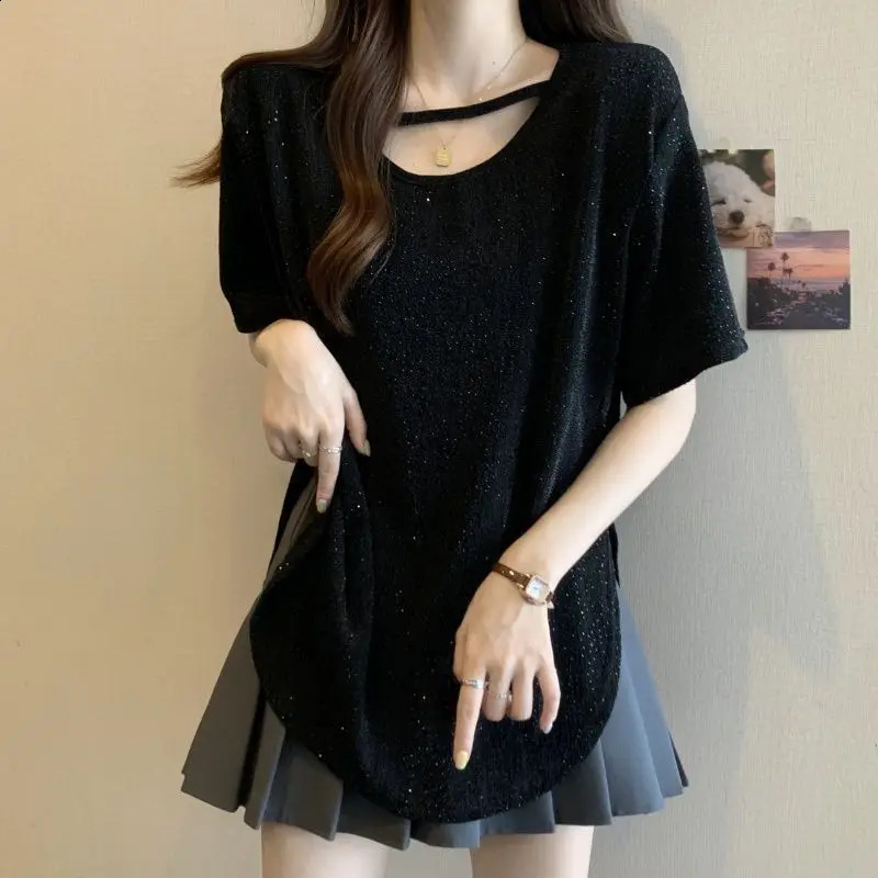 Large fashion slit womens short sleeved Tshirt 2025 summer loose and slim fit top 250324