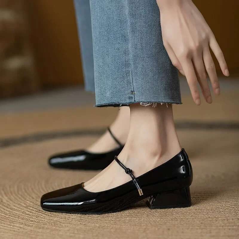 Elegant High Heels French Dress Party Shoes for Woman Platform Patent Leather Mary Jane Bury Black Square Toe Mid-heel Pumps