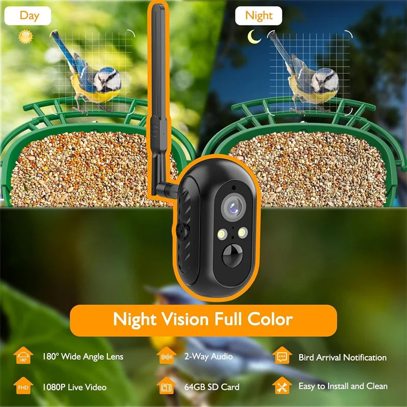 Smart bird feed camera with 64G card 1080P highdefinition AI recognition of species hummingbird house 7W solar panel 250320