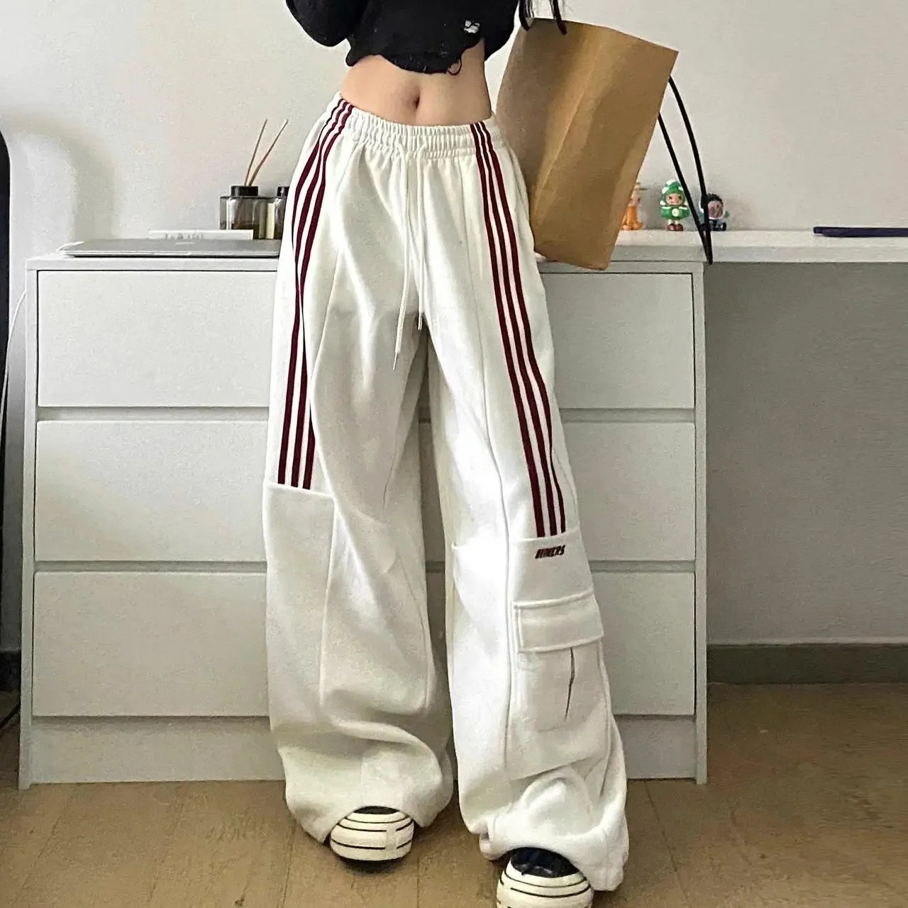 Casual Matching Womens Sports Pants Wide Leg Fashion Loose Cargo Dragging Jogger Street Clothing 250324