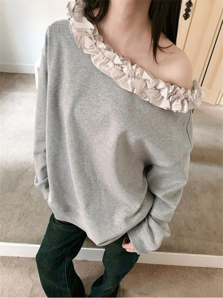 Off The Shoulder Frill Gray Hoodies Pullovers Sweatshirt Women Long Sleeve Top Autumn Spring Fashion Clothing