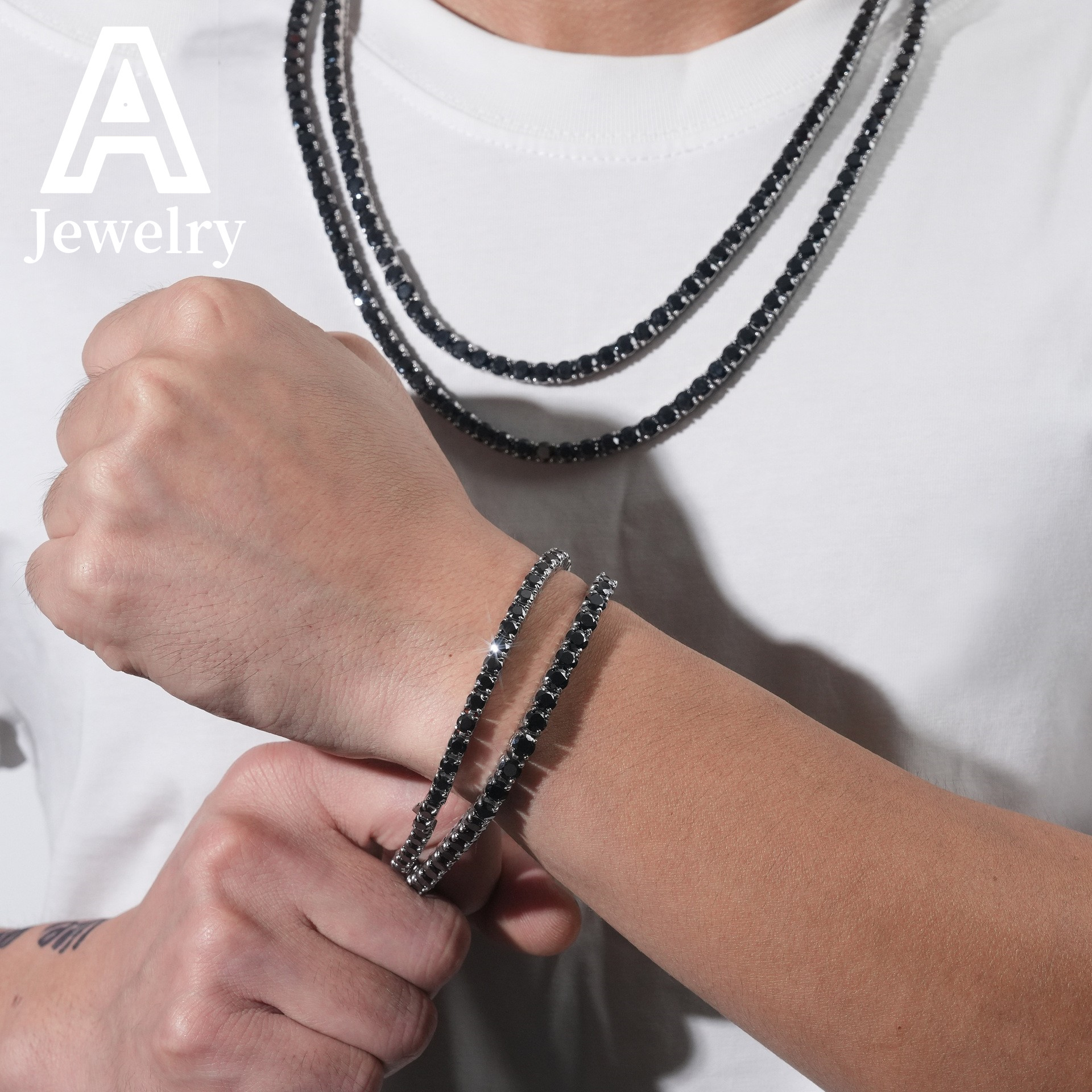 4MM Pass Diamond Tester Black Moissanite Tennis Chains White Gold Plated Hip Hop 316L Stainless Steel Tennis Necklace Bracelet
