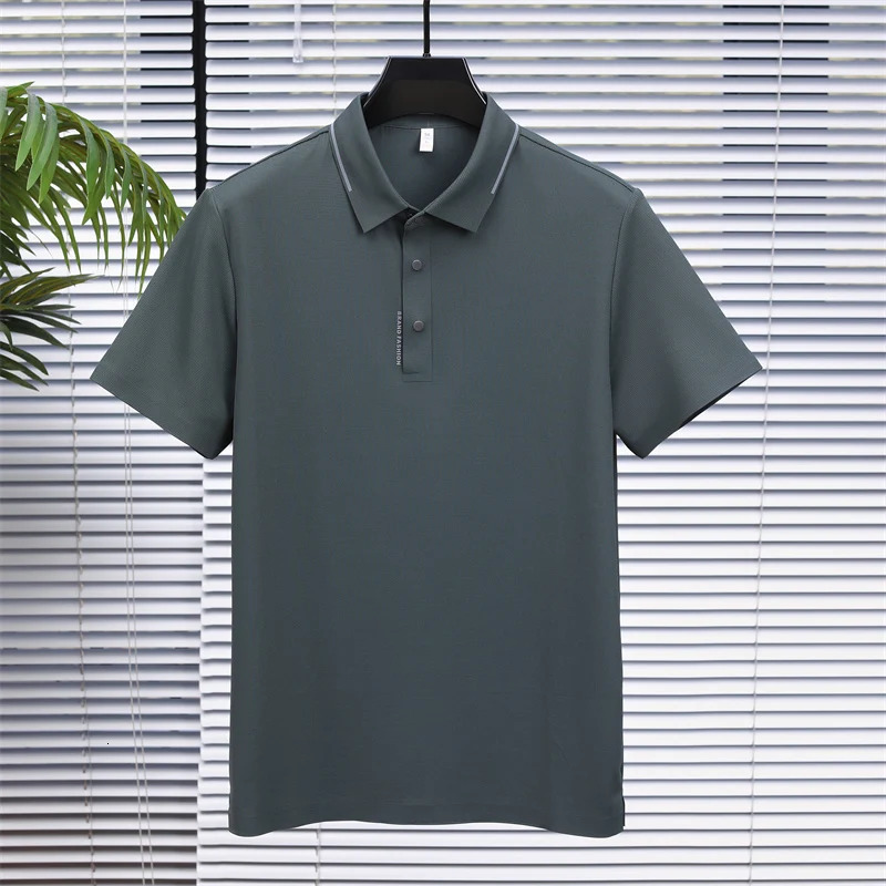 Business polo shirt solid color quick drying Versatile top ice silk seamless short sleeved Tshirt mens 2024 summer item 250312