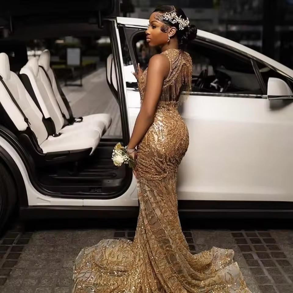Gliter Rhie Dia Gold Long Mermaid Prom Dresses 2025 Black Girls Sexy Sheer Evening Gown For Birthday Party Customized