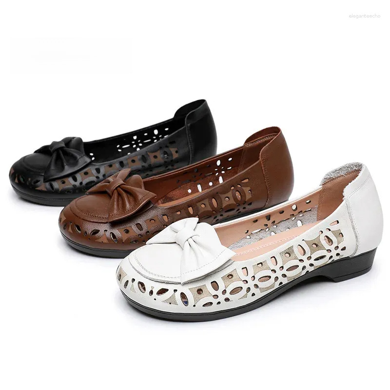 2025 S Fashion Designer Sandals ZXRYXGS Summer Top Cowhide Hollow Bow Women Leather Flat Shoes Large Size Soft Comfort Breathable