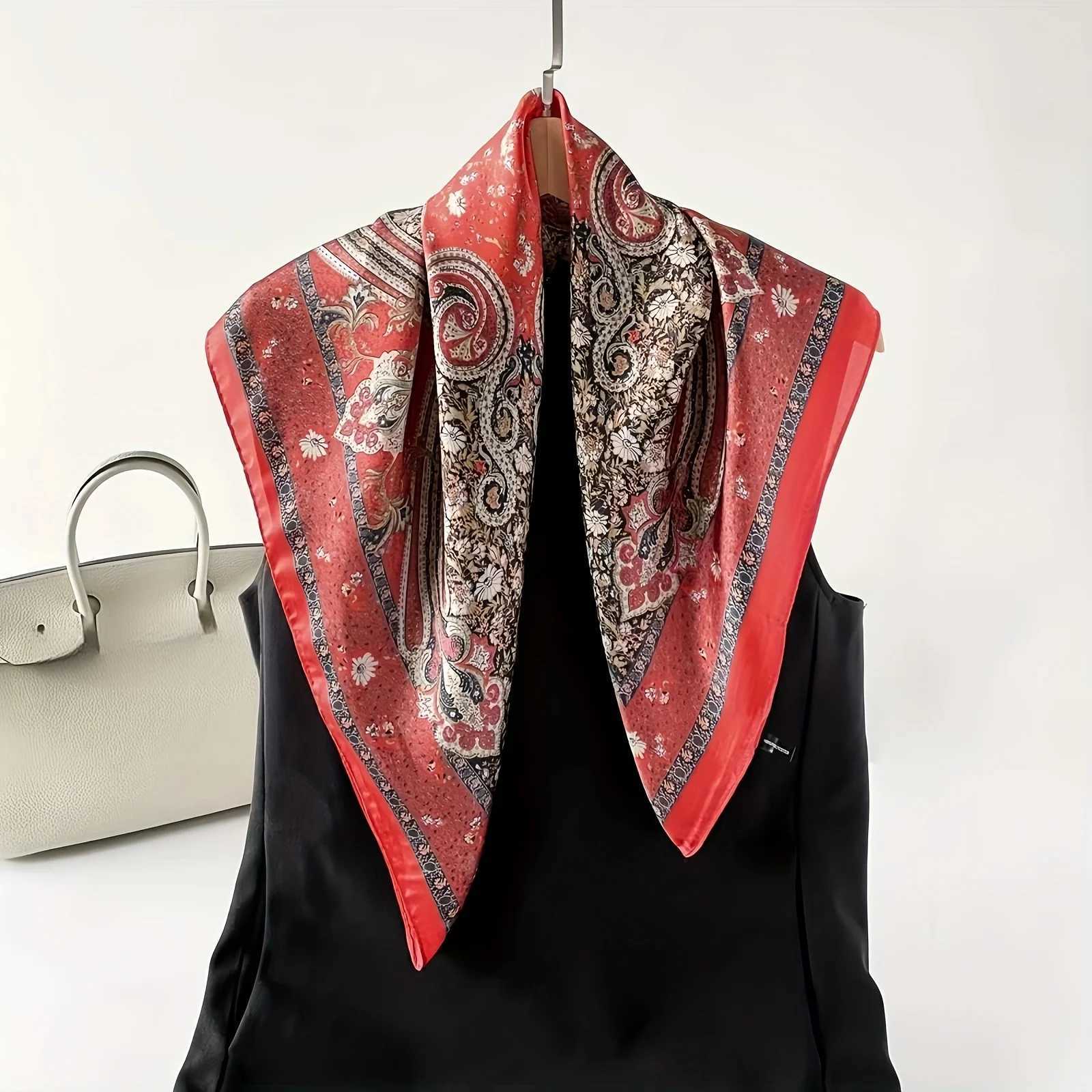 Elegant satin square scarf with vintage Paisley floral pattern and soft silk neck scarf with shawl for womens hair X250324