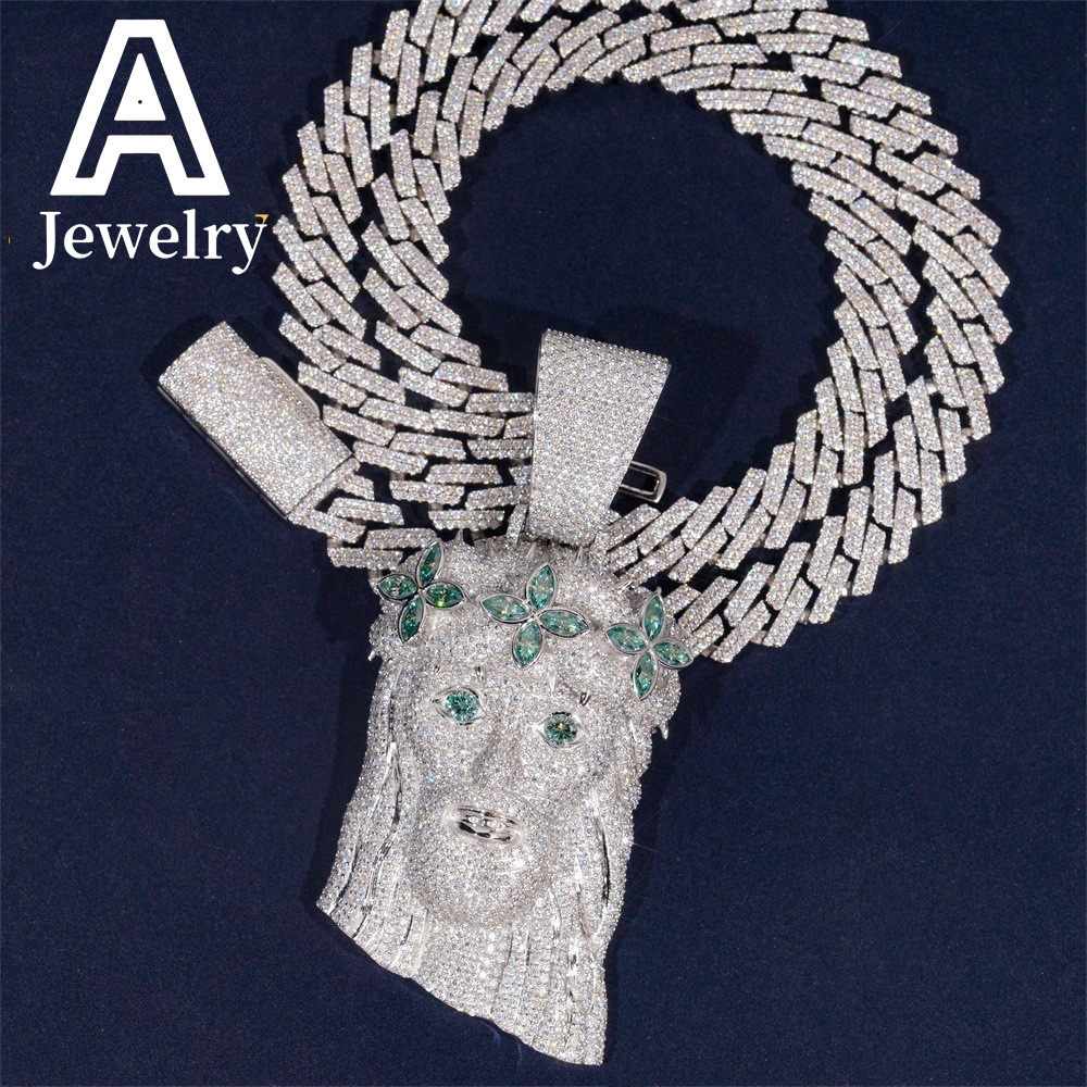 Fine Jewelry NEW ARRIVAL Blue Green Moissanite Jesus Pendant 3D Design 925 Hip Hop Rock iced out Moissanite Pendant