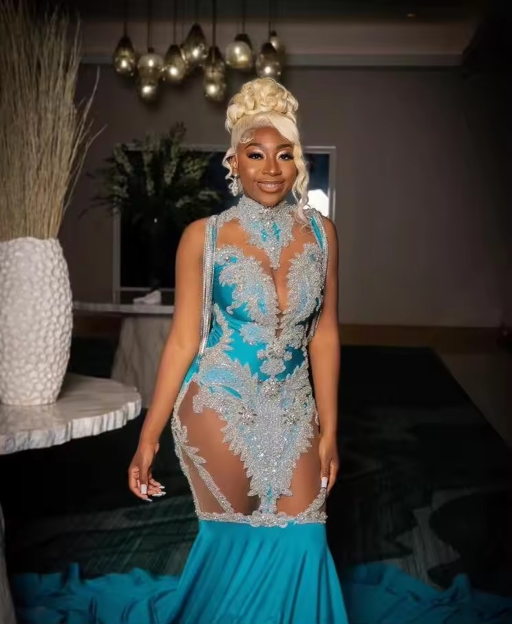 Customized Sexy 2025 Blue Satin Mermaid Prom Dresses Lace Appliuqes Formal Evening Ocn Gown For Black Girls vestidos de ga