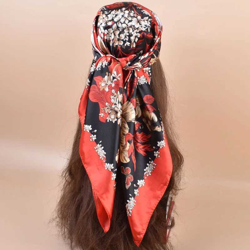 2025 New 90 * 90cm Silk Satin Hair Scarf with Hand print Fem Square Bandage Small Neck Muffler Headscarf for Women X250324