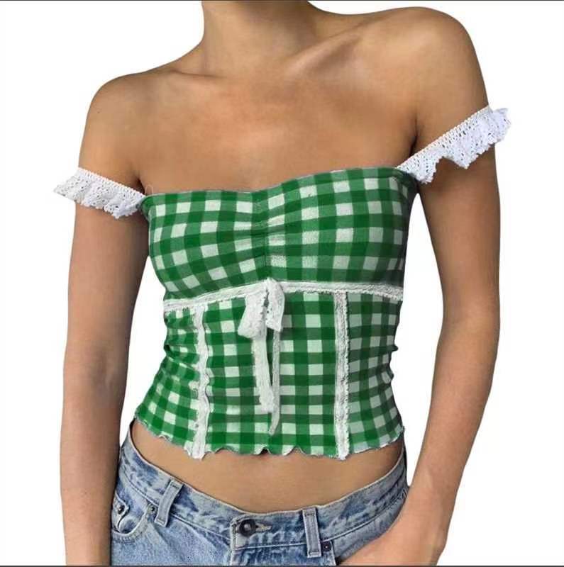 2025 New Designer Splicing Lace Small Strap Casual Age Reducing Outdoor Slimming Beach Short Fashion Checkered Tank Top