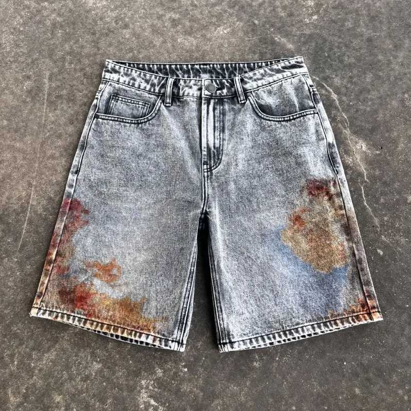Harajuku retro cartoon print ultra wide long leg pants Gothic wash difficult to wear jeans mens Y2k fashion casual denim shorts womens X250324