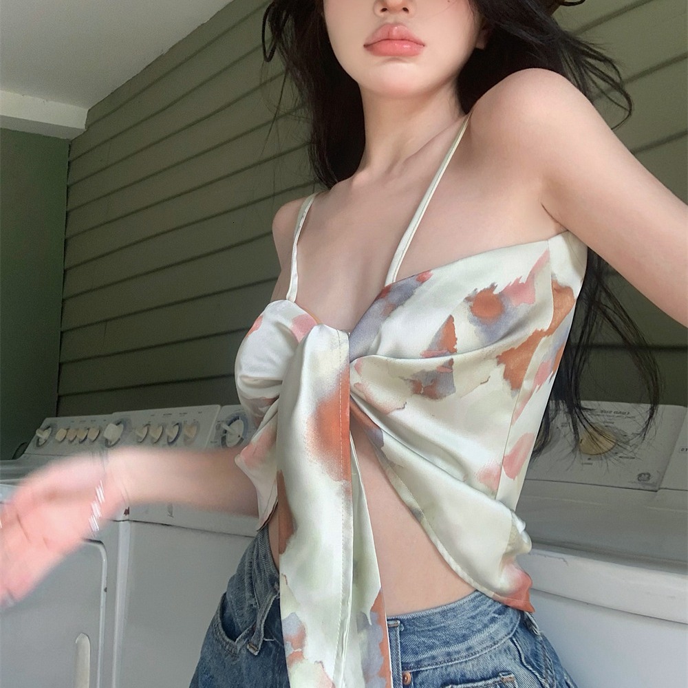 2025 New Model Sweet And Spicy Girl Triangle Scarf Wearing Tie Dyed Small Camisole Tank For Women's Beach French Design Sense Jazz Short Top