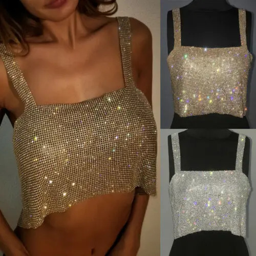 Fashion Womens Sexy Sequined Sleeveless Slash-neck Summer Tank Top Lady Club Crystal Rhinestone Chainmail Crop Tops 250324
