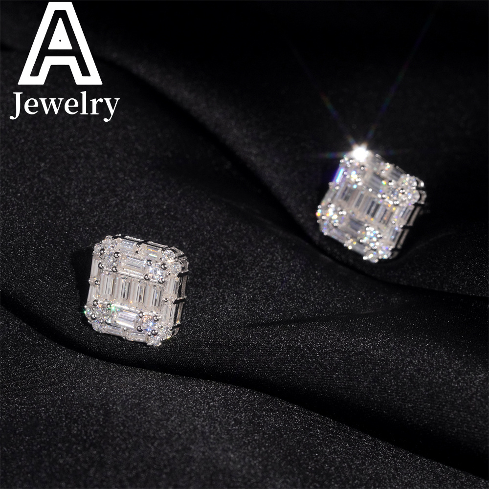 Fine jewelry Hip Hop Baguette Moissanite Square Shape s925 Silver Mens VVS Moissanite Stud Earrings