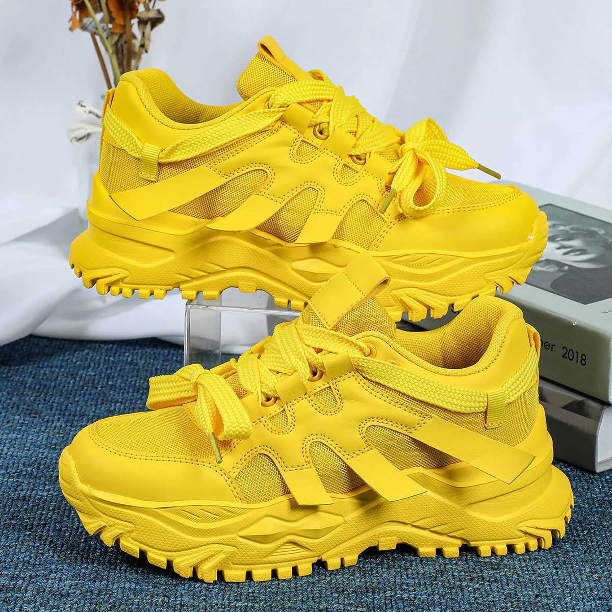 Yellow womens shoes Fi luxury origin platform short and fat casual sports shoes autumn sports tennis womens shoes plus sizeXJ250324